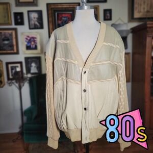 Vintage 80s Saxony Collection Leather Knit Bomber Cardigan Jacket Beige L